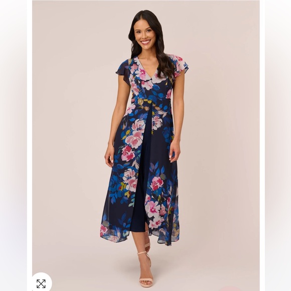 🎉HP🎉 NWOT Adrianna Papell FLORAL-PRINT CROPPED JUMPSUIT WITH CHIFFON OVERLAY - Picture 3 of 12